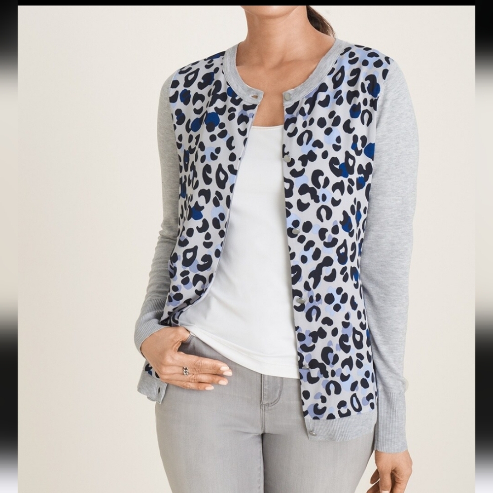 Chico's leopard print Grey Blue cardigan